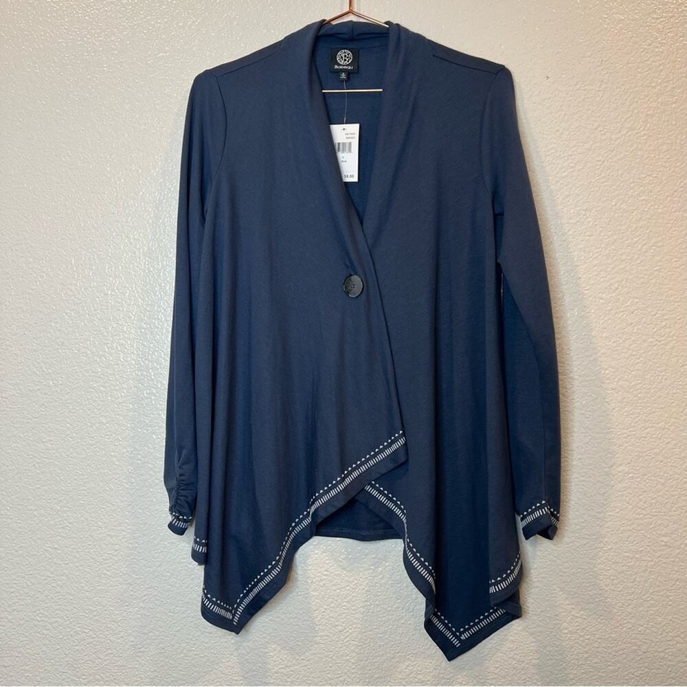 Bobeau one button stripe print trim top cardigan navy blue